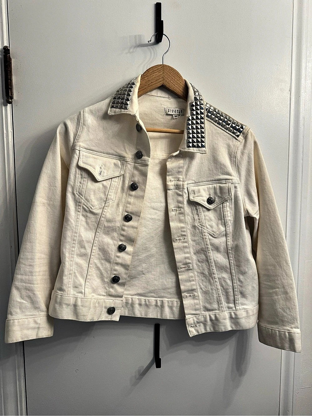 Studded Collar Denim Jacket in White Like New